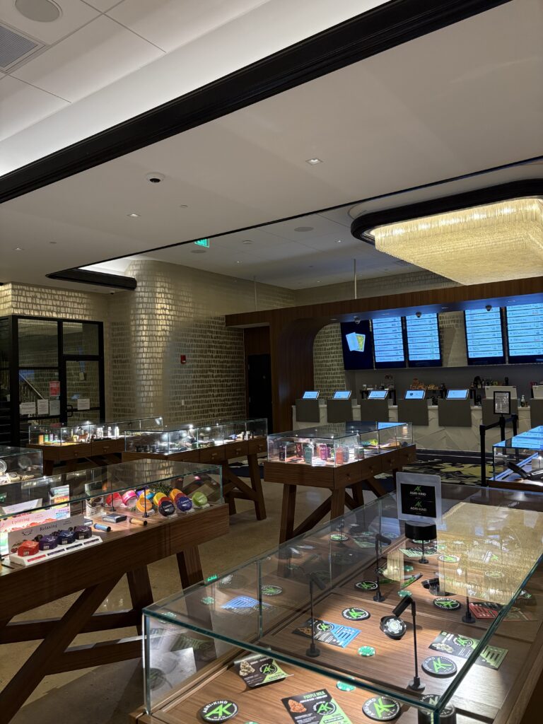 Interior of High Rollers Dispensary in Atlantic City with modern design, product displays, and a welcoming atmosphere for first time visitors.